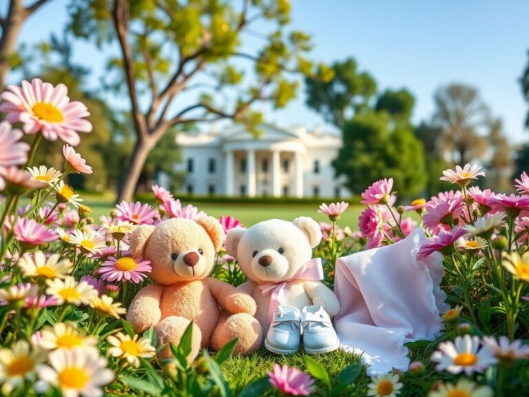 Flick International A whimsical garden scene symbolizing new beginnings with vibrant flowers, a teddy bear, and baby items.