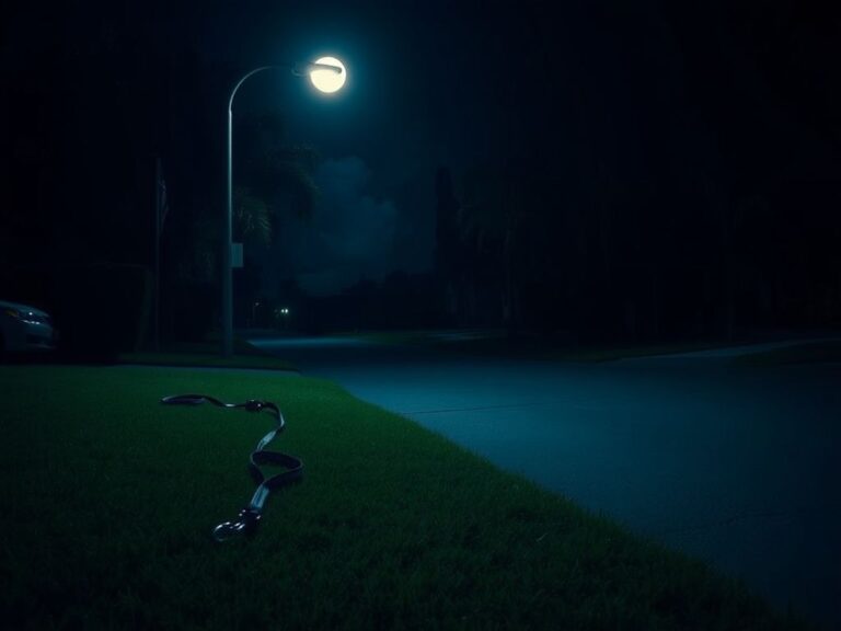 Flick International A dark suburban street illuminated by a streetlamp with shadows and a dog leash on the grass