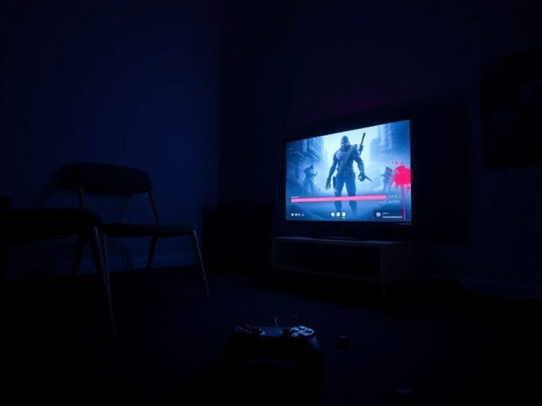 Flick International Dimly lit gaming setup with a controller on the floor and a paused violent video game on screen