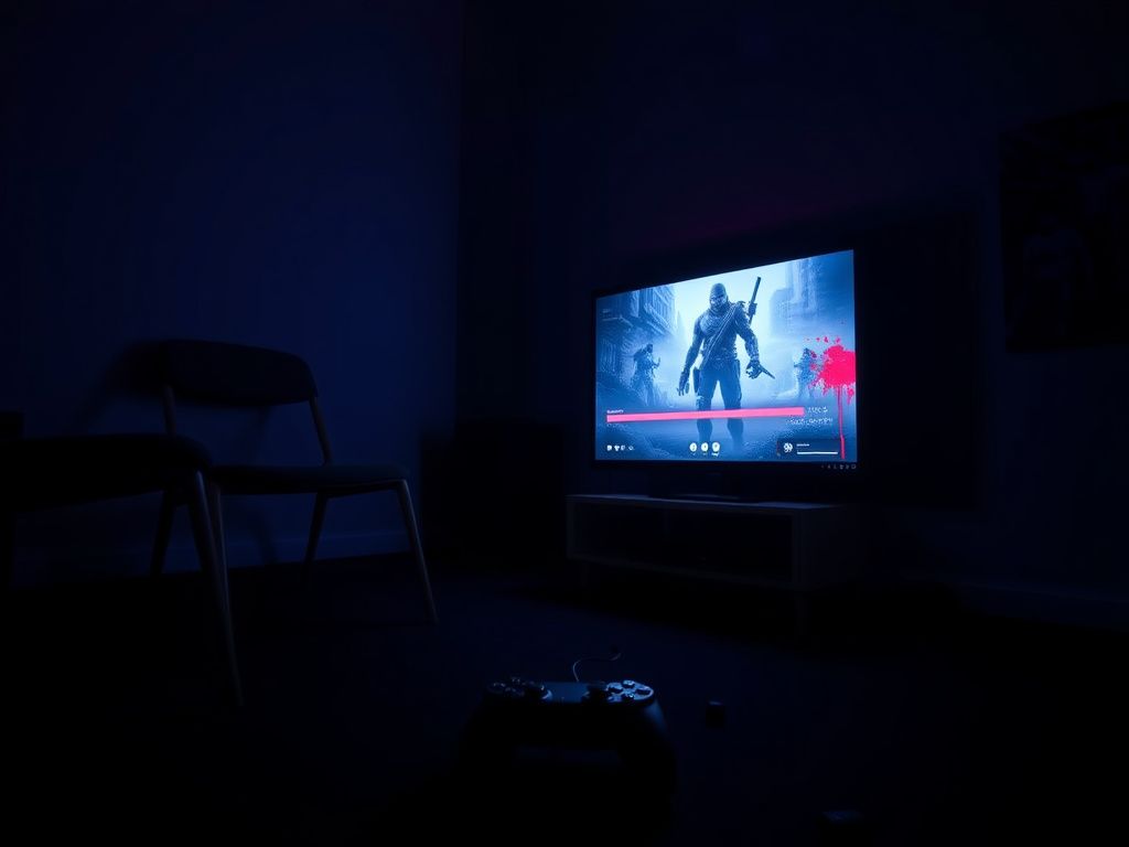 Flick International Dimly lit gaming setup with a controller on the floor and a paused violent video game on screen