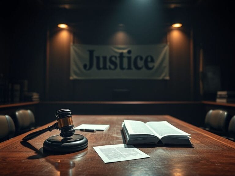 Flick International A dimly lit courtroom featuring an empty witness stand and scattered legal documents, symbolizing a high-stakes legal battle.