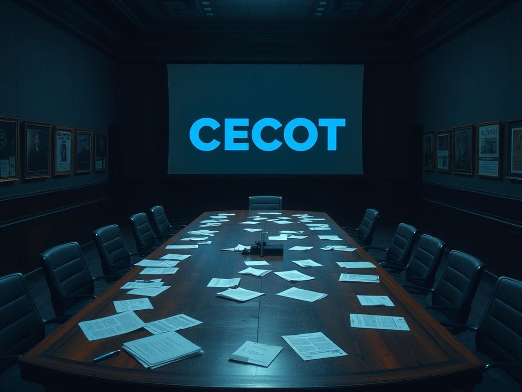 Flick International Dimly lit conference room with a wooden table and scattered papers depict the tension over the delayed 'Inside CECOT' segment.