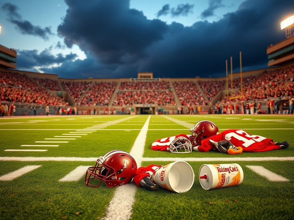 Flick International Dramatic scene of an empty football stadium at dusk after a championship game
