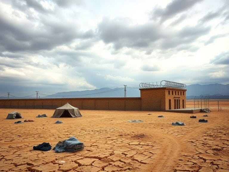 Flick International Abandoned prison in northeastern Syria with barbed wire surrounded by cracked earth