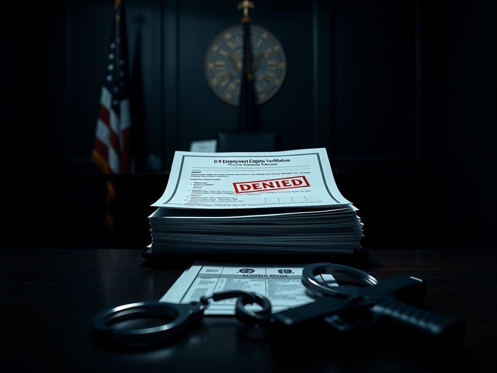 Flick International An empty desk with documents related to immigration status and a denied I-9 form.