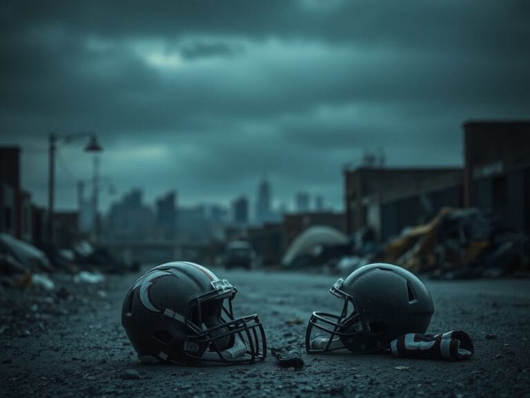 Flick International A somber urban landscape featuring a blurred homeless encampment and discarded football paraphernalia, including a worn-out helmet and jerseys.