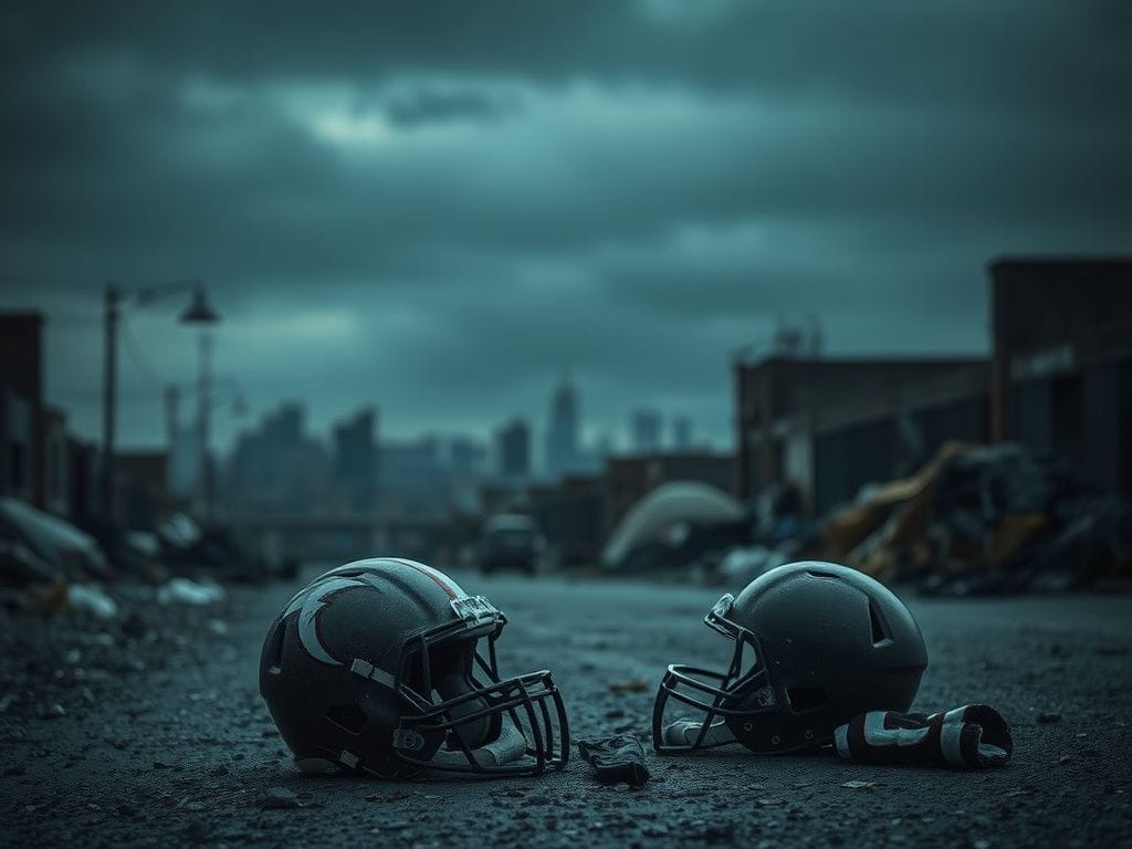 Flick International A somber urban landscape featuring a blurred homeless encampment and discarded football paraphernalia, including a worn-out helmet and jerseys.