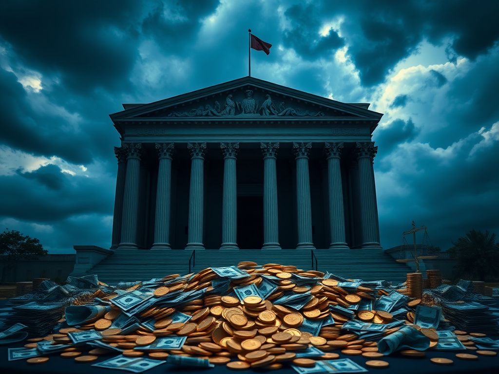 Flick International Large courthouse with ominous pillars and a pile of money symbolizing wealth accumulation