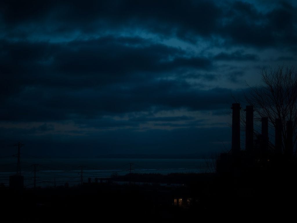 Flick International Twilit skyline of West Haven, Connecticut, featuring industrial structures and a moody atmosphere