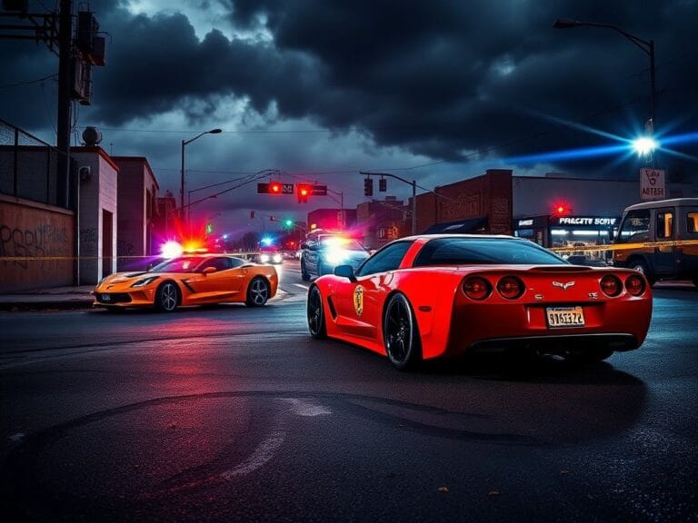 Flick International A chaotic street scene in downtown San Jose following an armed carjacking involving two Corvettes.