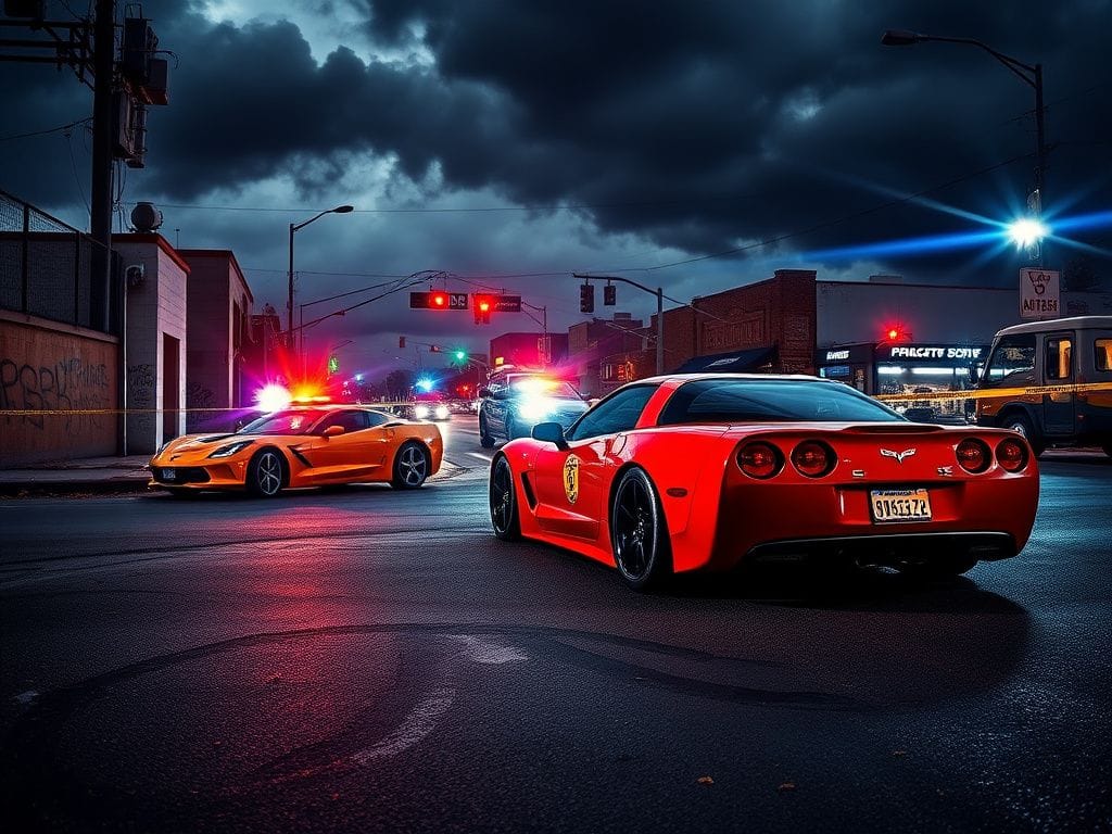 Flick International A chaotic street scene in downtown San Jose following an armed carjacking involving two Corvettes.