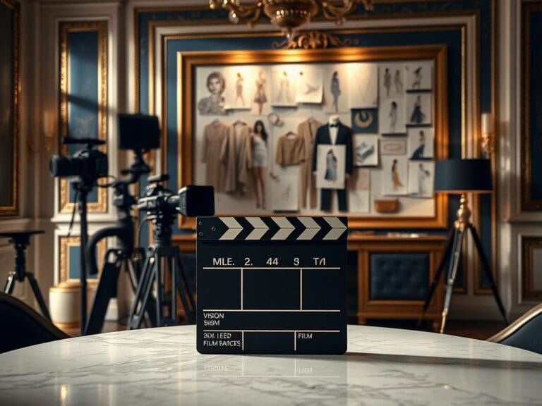 Flick International Luxurious film set interior with marble table and cameras