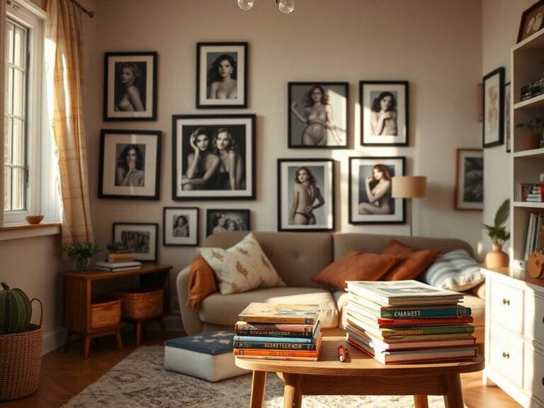 Flick International Cozy childhood home interior with framed nude photographs of Cindy Crawford