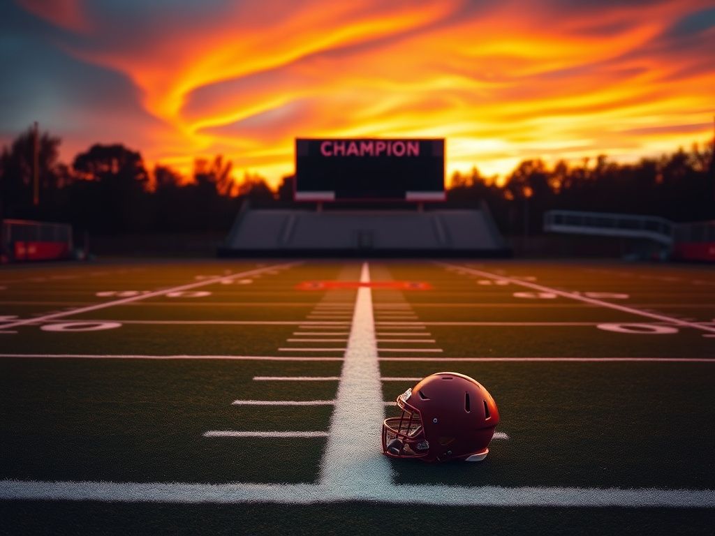 Flick International A dramatic football field at dusk with an empty helmet symbolizing focus on ambition.