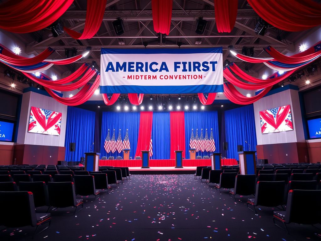 Flick International Empty convention hall decorated in red, white, and blue for the America First Midterm Convention