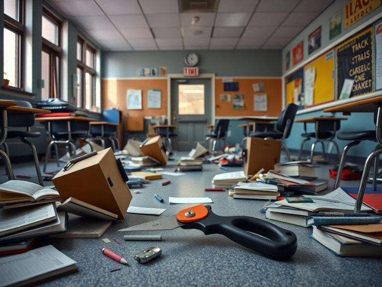Flick International Classroom scene with a boxcutter on the floor, symbolizing conflict and urgency