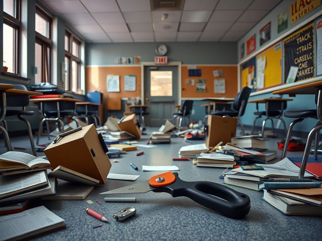 Flick International Classroom scene with a boxcutter on the floor, symbolizing conflict and urgency