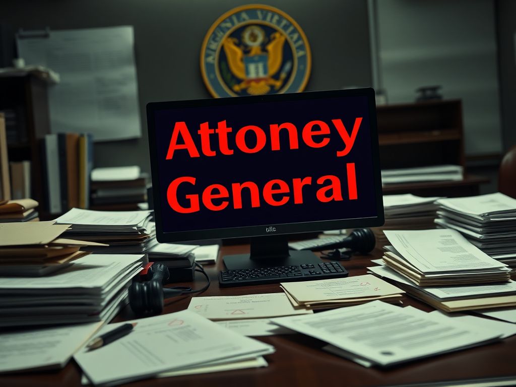 Flick International Close-up shot of a cluttered desk with legal documents and a computer screen displaying a typo that reads 'Attoney General'