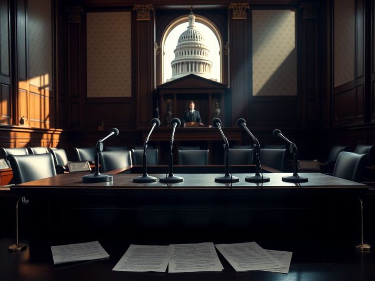 Flick International Empty witness stand in a U.S. Capitol hearing room with microphones and a view of the Capitol building in the background