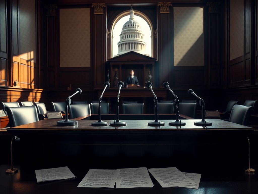 Flick International Empty witness stand in a U.S. Capitol hearing room with microphones and a view of the Capitol building in the background