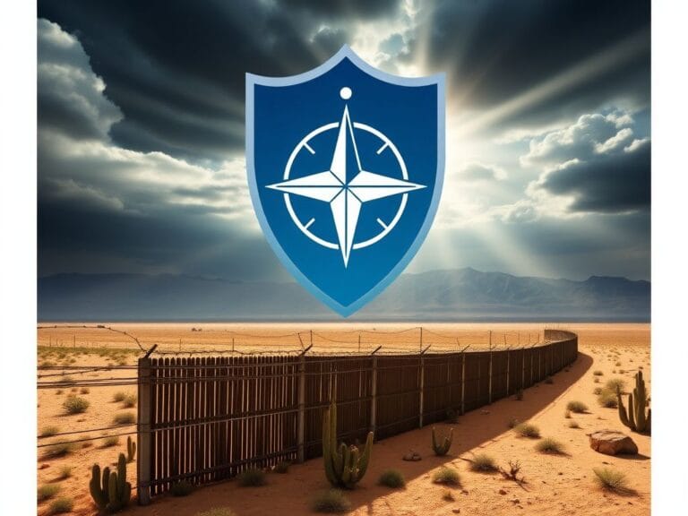 Flick International A large, semi-transparent shield with the NATO star emblem over the U.S.-Mexico border