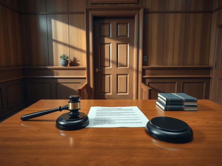 Flick International A serene courtroom with an empty judge's bench and protective order document