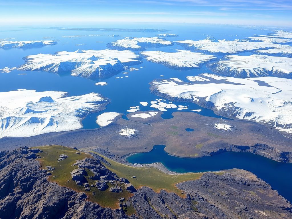 Flick International Aerial view of Greenland's rugged landscape with ice-covered mountains and deep blue fjords
