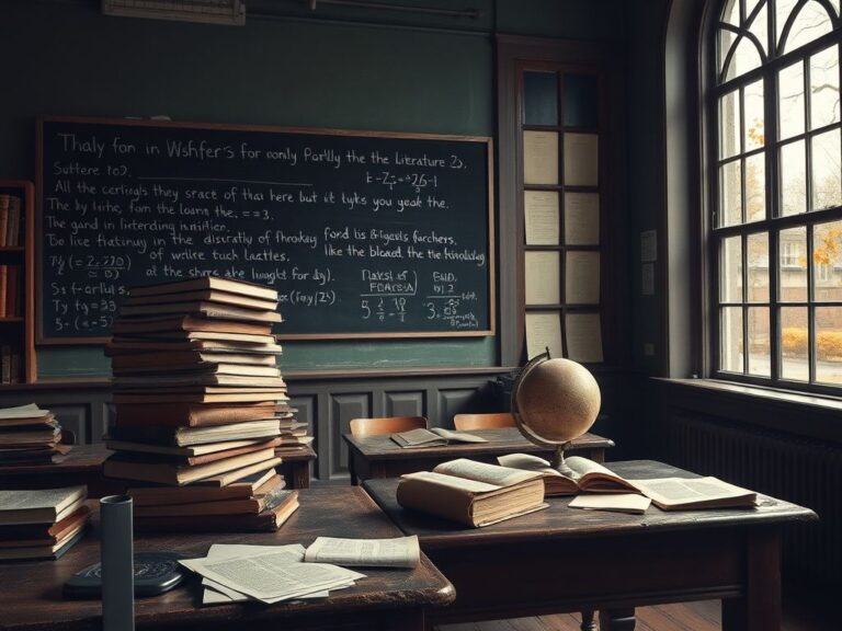 Flick International Dimly lit university classroom with old wooden desk and classic literature books symbolizing educational decline