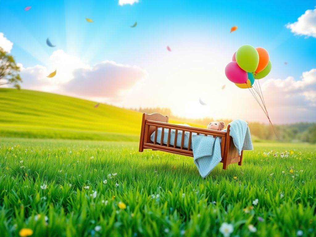 Flick International A serene park scene with a wooden cradle and colorful balloons symbolizing new life and joy