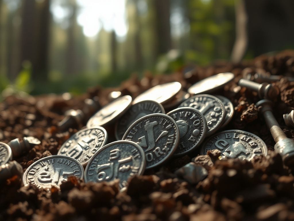 Flick International Close-up of ancient Roman silver coins and pottery fragments discovered in Germany
