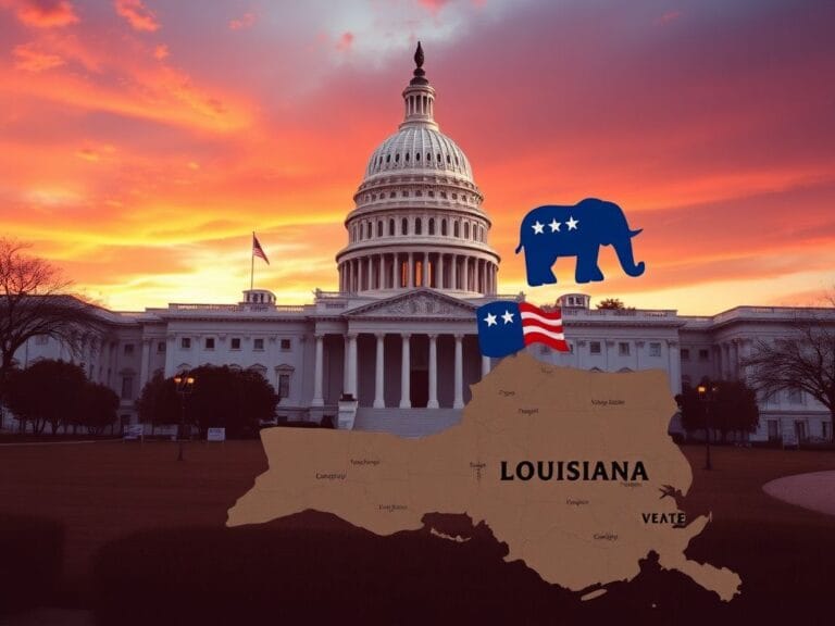 Flick International Stylized representation of the U.S. Capitol building with a weathered Louisiana state map and subtle voting imagery.