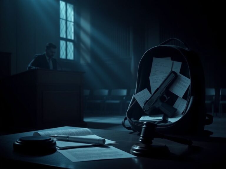 Flick International Dimly lit courtroom scene with a judge's bench and empty witness stand illustrating tension in legal proceedings