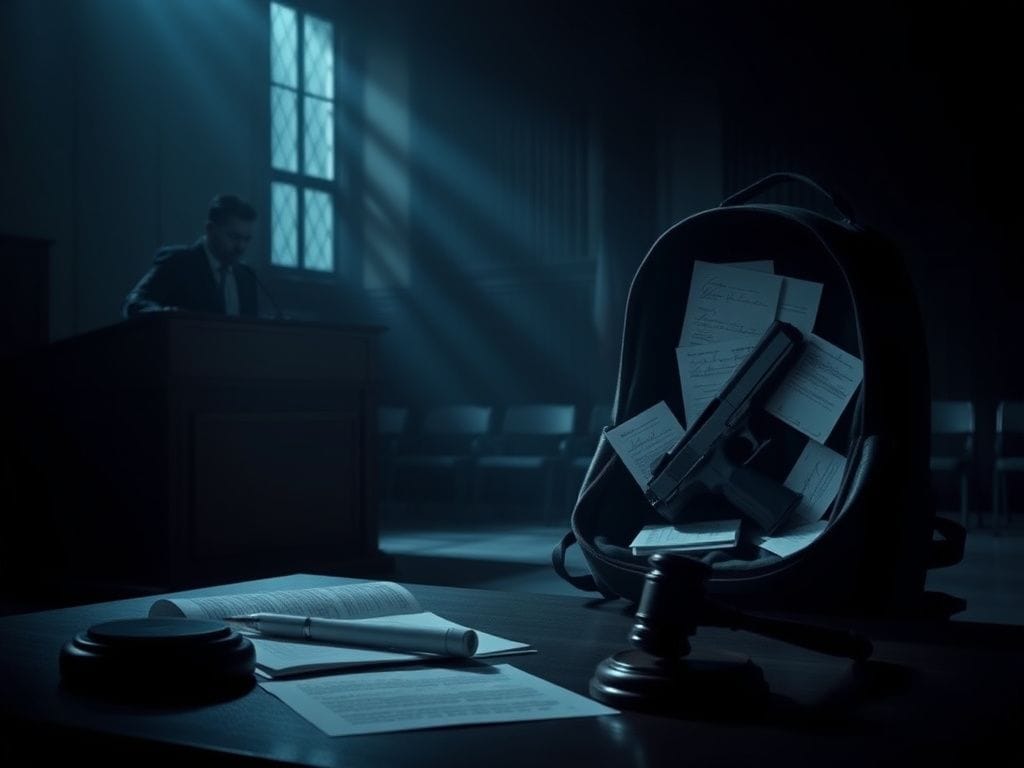 Flick International Dimly lit courtroom scene with a judge's bench and empty witness stand illustrating tension in legal proceedings
