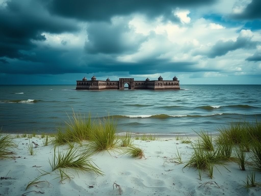 Flick International Dramatic coastal view of Fort Sumter with storm clouds and eroded sand reflecting climate change impact