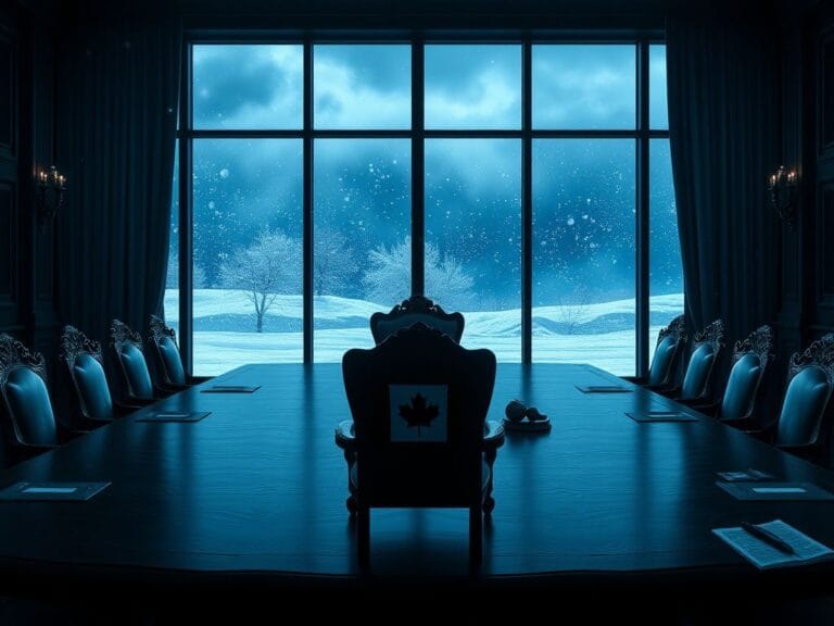 Flick International Empty boardroom table with Canadian flag chair signifying revoked invitation