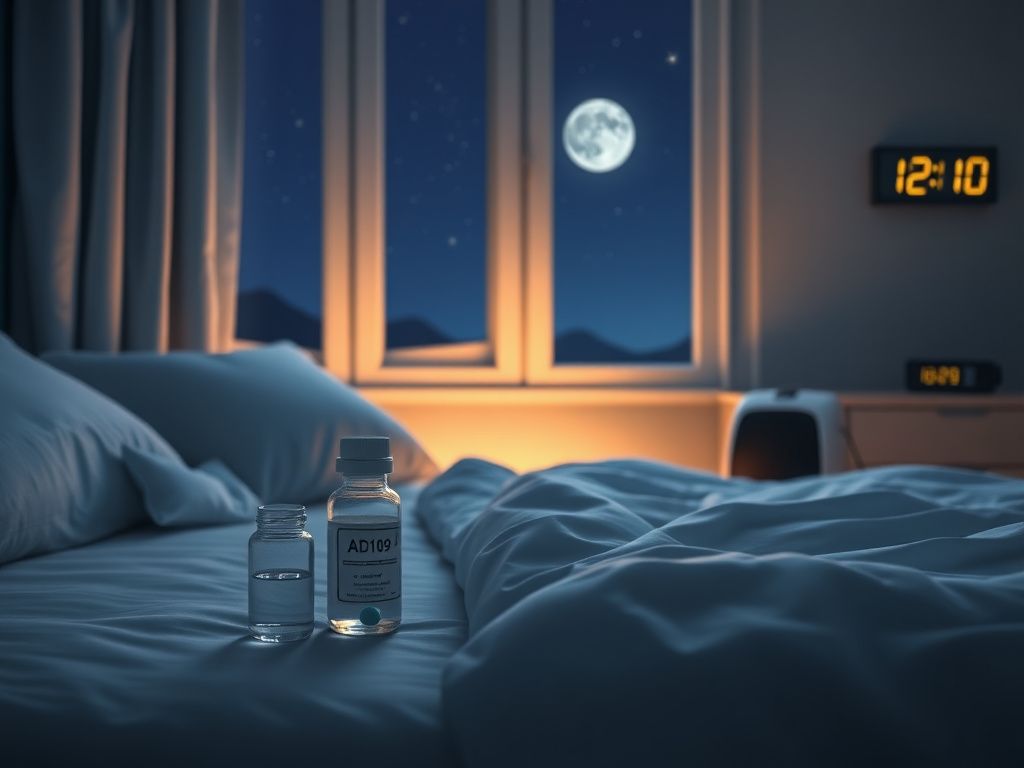 Flick International A serene bedroom setting displaying the new sleep apnea medication AD109 beside a glass of water
