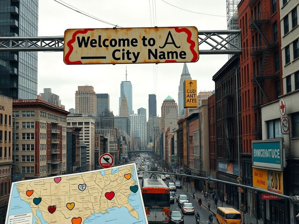 Flick International Urban landscape depicting a major American city with immigration symbols