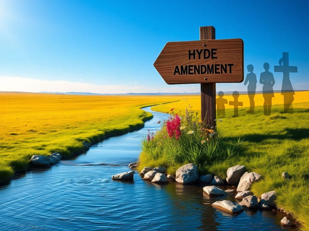 Flick International A peaceful scene depicting a river flowing through a grassy landscape with a signpost for the Hyde Amendment