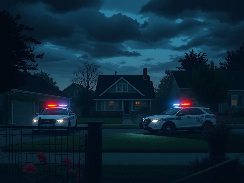 Flick International A somber residential neighborhood with a modest home and police car flashing lights