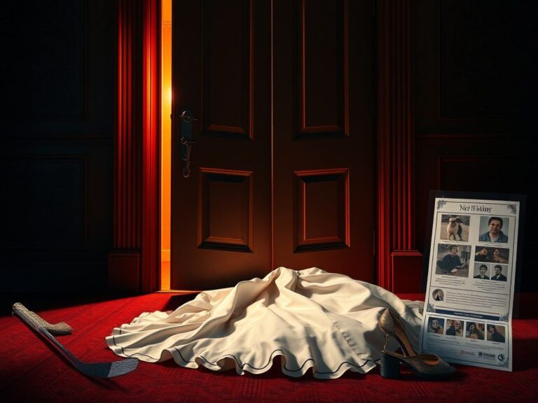 Flick International Ornate half-open door revealing a wedding dress and personal items symbolizing family conflict