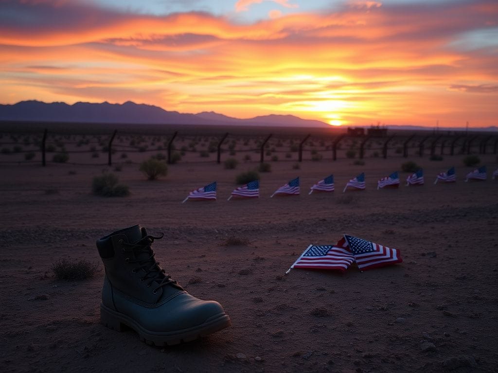 Flick International A rugged landscape of the U.S.-Mexico border at sunset with boots and folded American flags