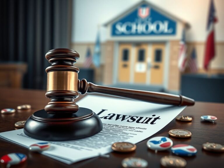 Flick International A courtroom scene featuring a gavel on a lawsuit document, with blurred school and union images in the background.