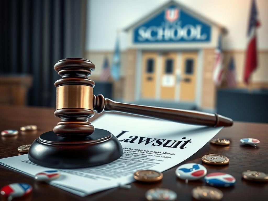 Flick International A courtroom scene featuring a gavel on a lawsuit document, with blurred school and union images in the background.