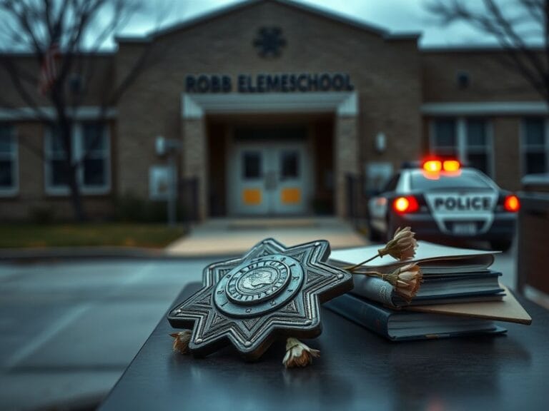 Flick International Exterior of Robb Elementary School with a somber atmosphere