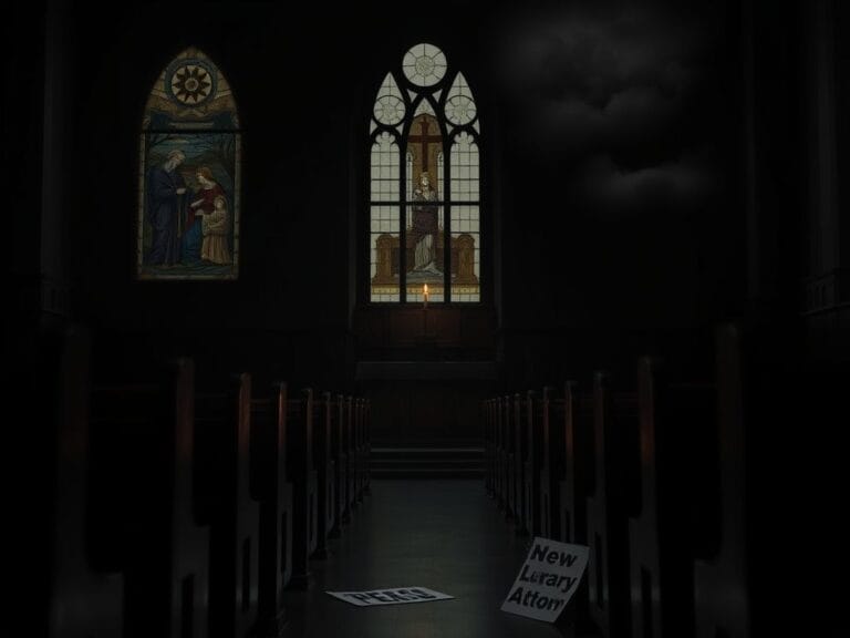 Flick International Dimly lit church interior with stained glass window and flickering candle representing hope