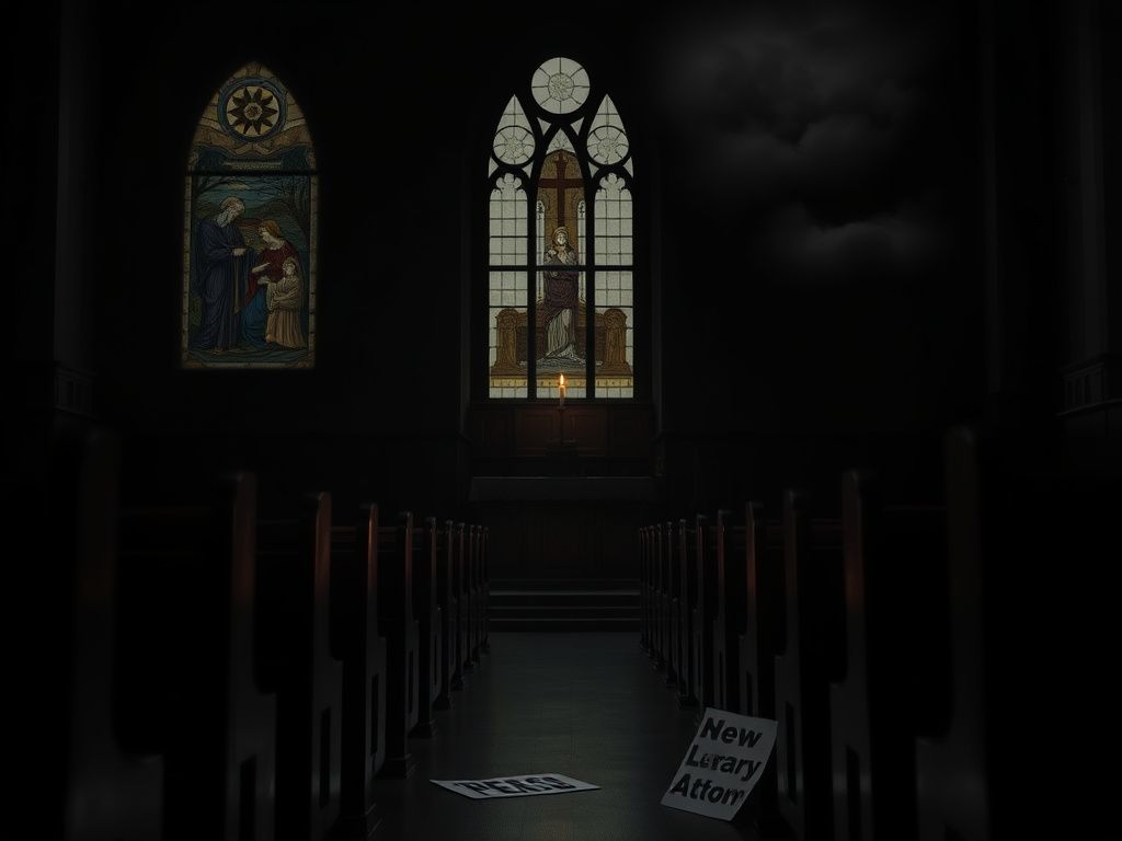 Flick International Dimly lit church interior with stained glass window and flickering candle representing hope