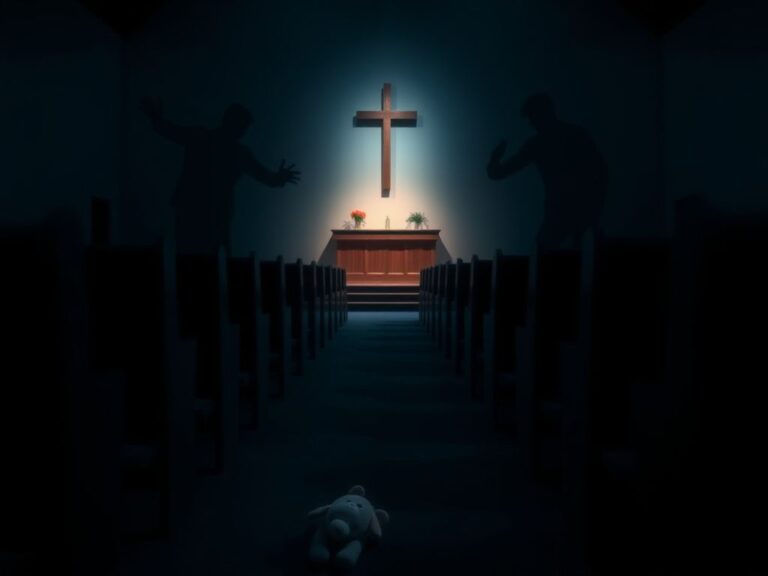 Flick International Empty church interior with a cross and abandoned toy symbolizing faith and separation