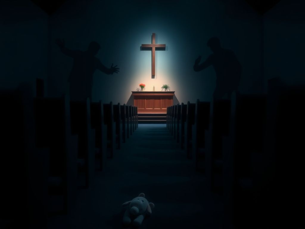 Flick International Empty church interior with a cross and abandoned toy symbolizing faith and separation