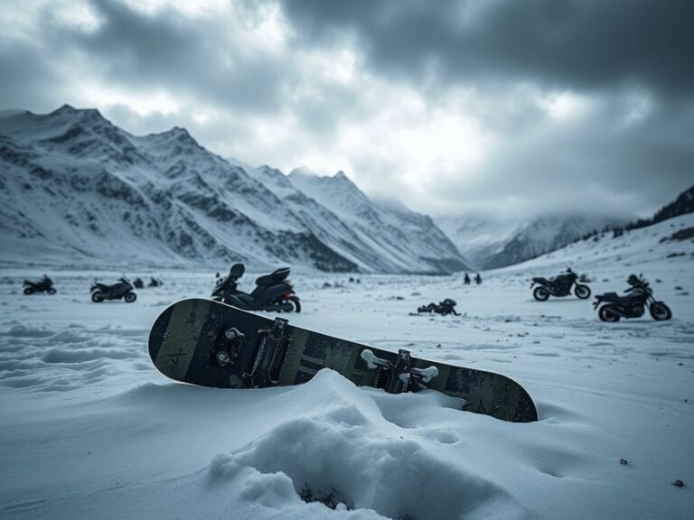 Flick International Abandoned snowy mountain landscape with a broken snowboard representing Ryan Wedding's fall from grace