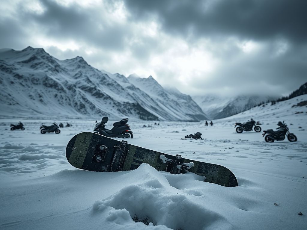 Flick International Abandoned snowy mountain landscape with a broken snowboard representing Ryan Wedding's fall from grace